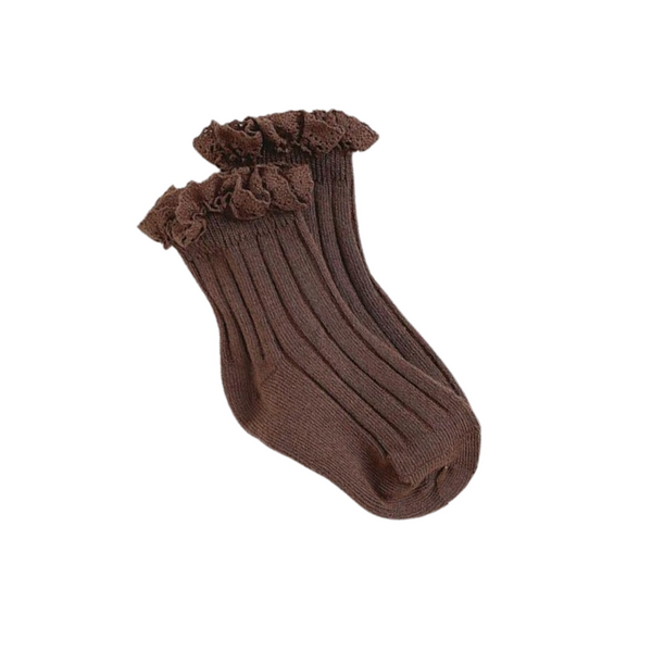 Coffee Ribbed Lace Ankle Socks