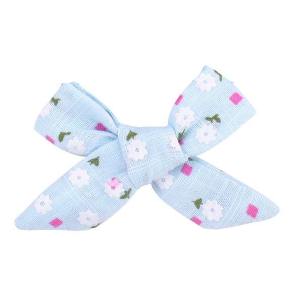Ditsy Baby Blue Linen Bow Clip