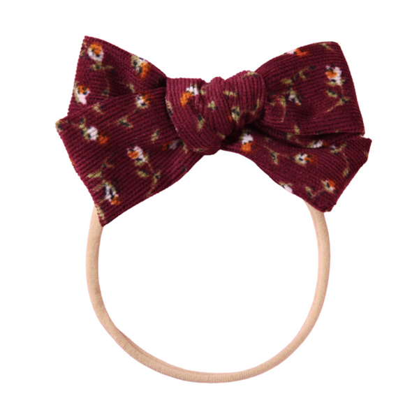 Burgundy Floral Ribbed Knot Headband